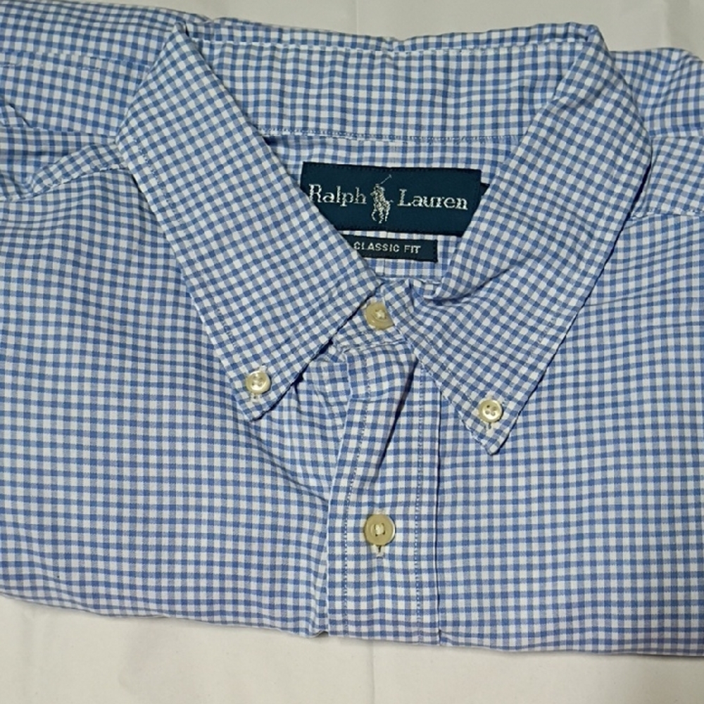 Ralph Lauren Men's Light Blue Gingham Shirt, Long Sleeve